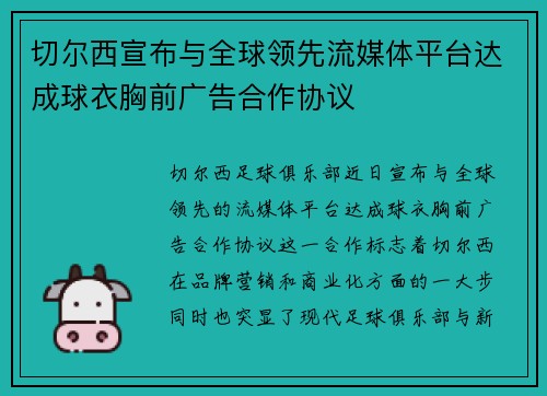 切尔西宣布与全球领先流媒体平台达成球衣胸前广告合作协议